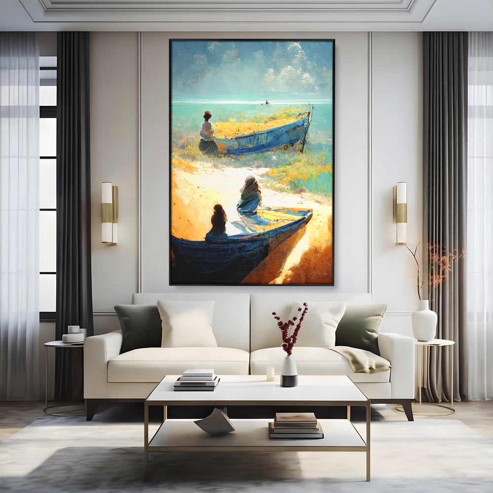 Tablou canvas cu tablou canvas cu femei pe plaja si barci, in rama de aluminiu negru, pe perete intr-un living